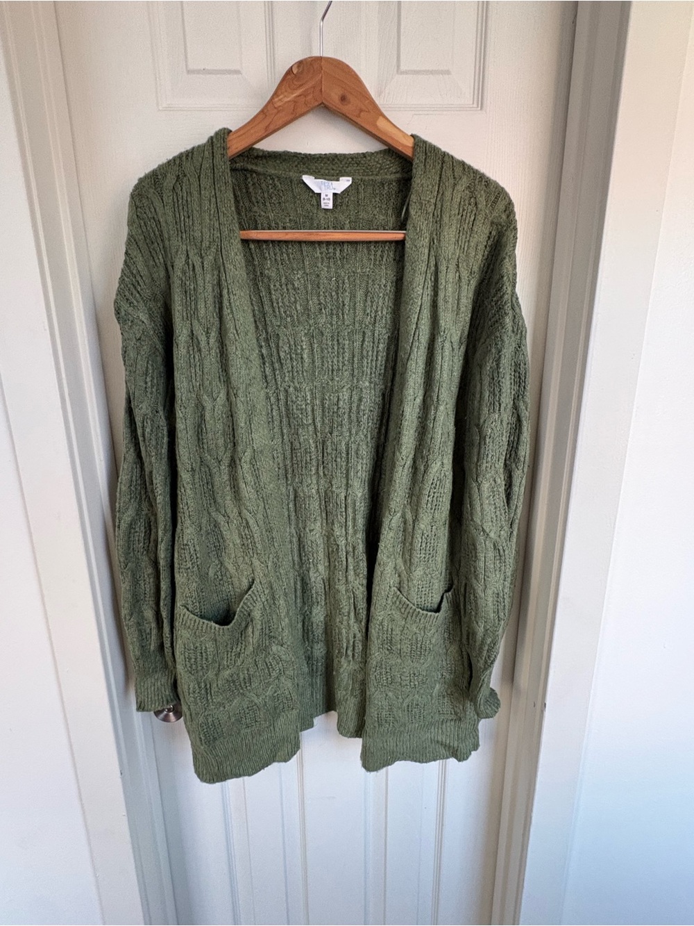Time and Tru Olive Cable Knit Open-Front Cardigan